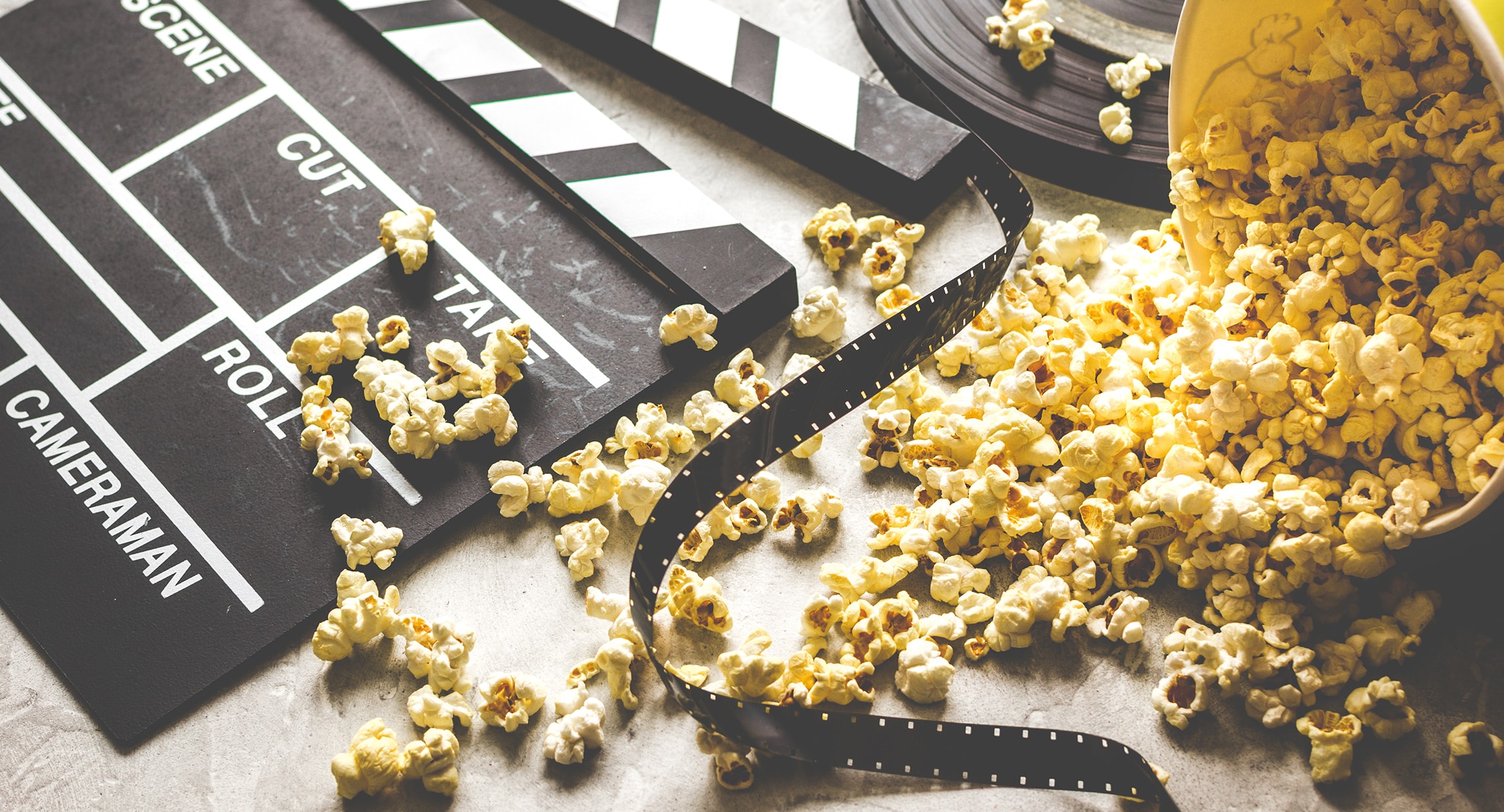 close-up of popcorn and movie film